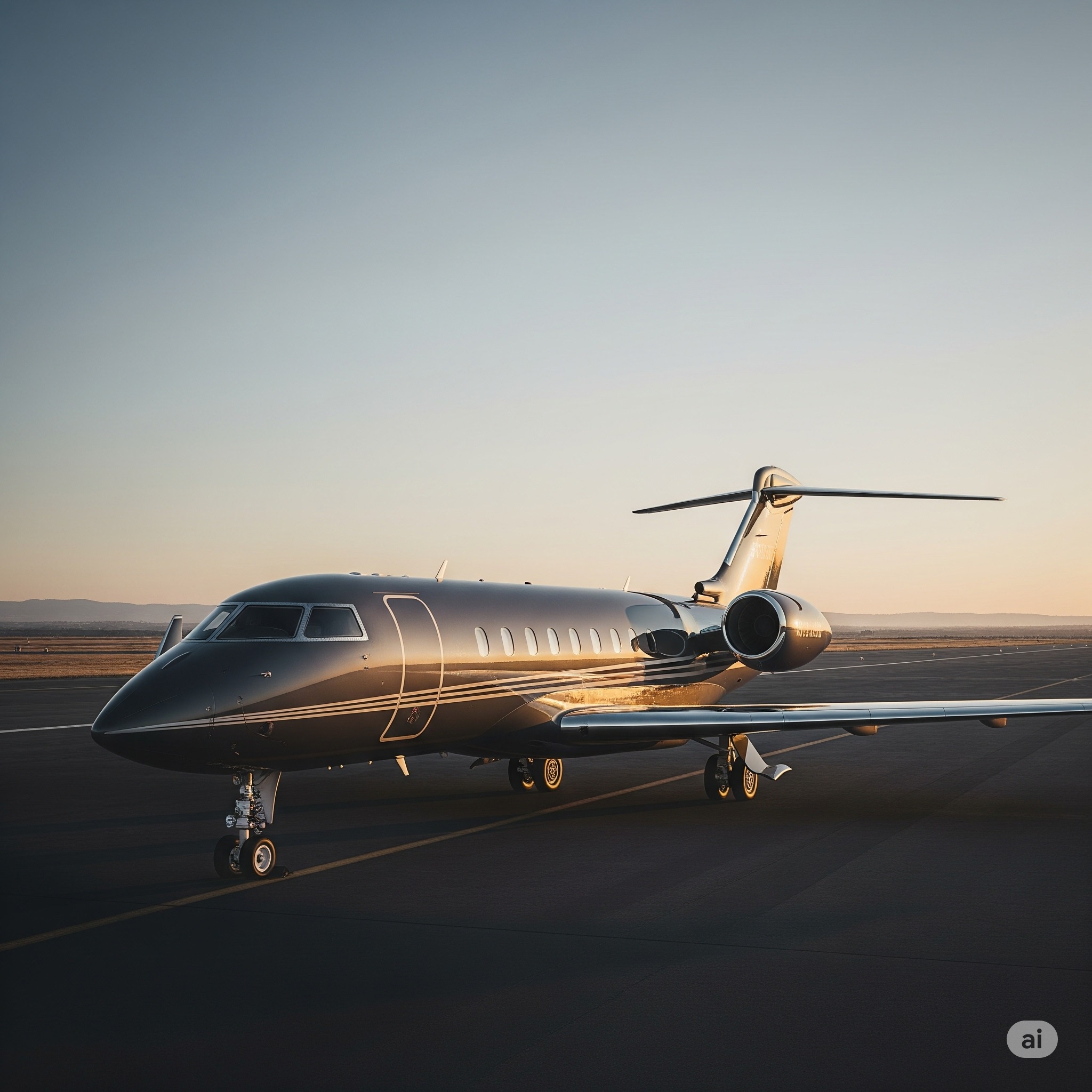 Sleek private jet on a tarmac at dusk